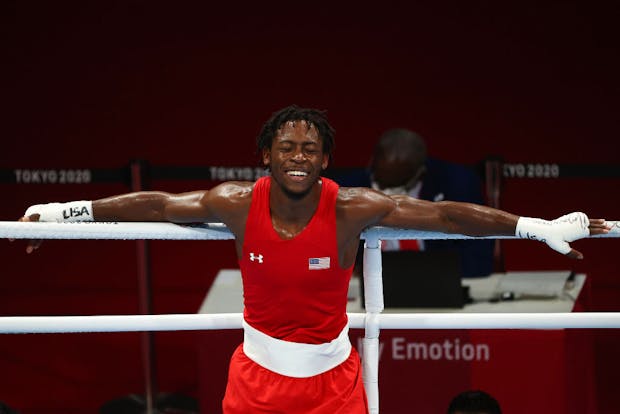 Keyshawn Davis of Team USA celebrates semi-final victory at the Tokyo 2020 Olympics (Photo by Buda Mendes/Getty Images)