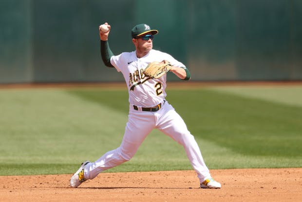 Nick Allen #2 of the Oakland Athletics throws the ball to first base (Getty Images)