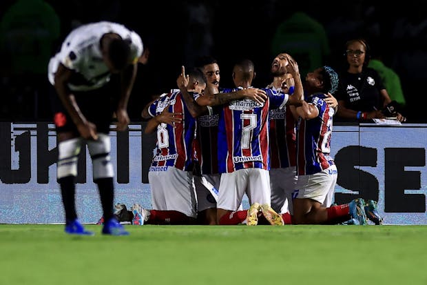 Bahia players celebrate scoring against Vasco da Gama in the Brasileirao 2023. (Buda Mendes/Getty Images)