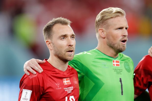 Christian Eriksen and Kasper Schmeichel of Denmark during the  Fifa 2022 World Cup match v Australia (Photo by Eric Verhoeven/Soccrates/Getty Images)