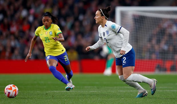 Kerolin of Brazil and Lucy Bronze of England during the  Finalissima (Photo by Richard Sellers/Soccrates/Getty Images)