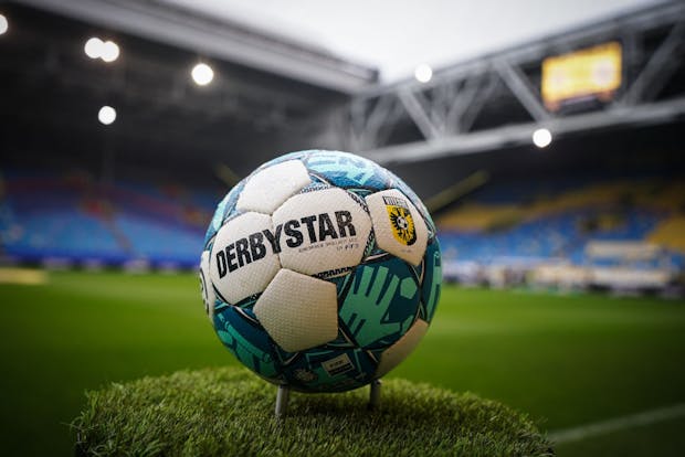 Derbystar Eredivisie matchball with logo of Vitesse on show at the GelreDome in Arnhem (Photo by Rene Nijhuis/BSR Agency/Getty Images)