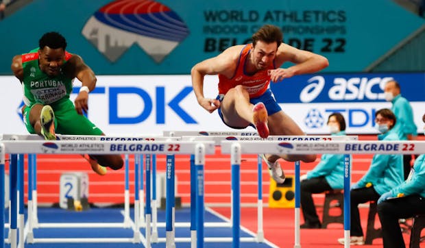 Liam van der Schaaf of the Netherlands competing in the men's 60m hurdles semi final during the World Athletics Indoor Championships (Photo by Nikola Krstic/BSR Agency/Getty Images)