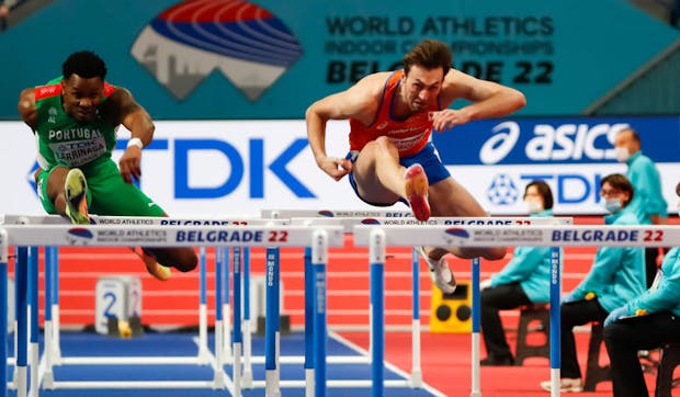 Liam van der Schaaf of the Netherlands competing in the men's 60m hurdles semi final during the World Athletics Indoor Championships (Photo by Nikola Krstic/BSR Agency/Getty Images)