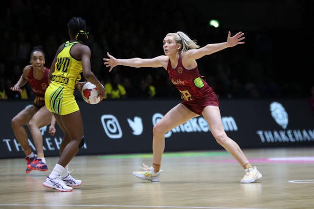 Helen Housby of Vitality Roses in action during the Vitality Netball International Series match between England and Jamaica (Photo by Morgan Harlow/Getty Images)