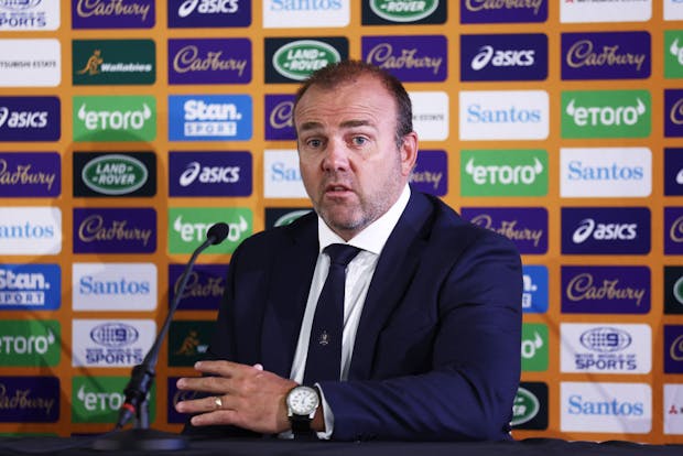 Rugby Australia CEO Andy Marinos during a press conference unveiling Eddie Jones as Australia's new coach on January 31, 2023 (by Matt King/Getty Images)