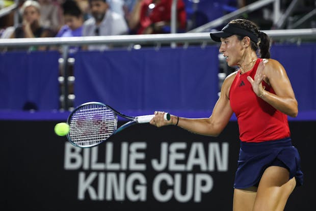 Jessica Pegula of the United States returns a ball against Sinja Kraus of Austria during the Billie Jean King Cup Qualifier match (Photo by James Gilbert/Getty Images for ITF)