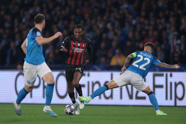 Rafael Leao of AC Milan takes on Giovanni di Lorenzo of Napoli during the Champions League quarter-final (by Jonathan Moscrop/Getty Images)