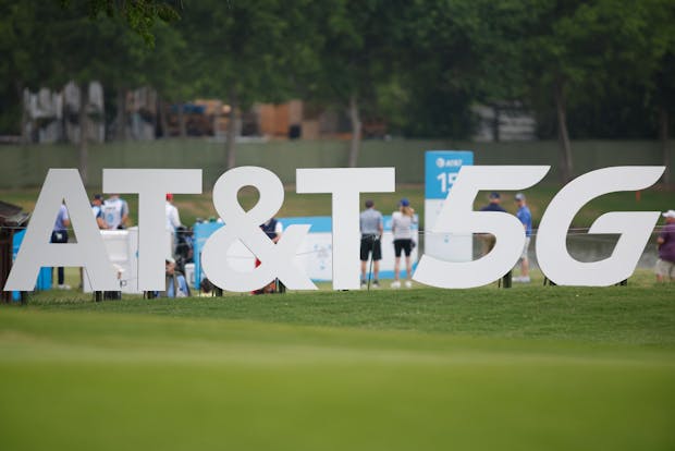 MCKINNEY, TEXAS - MAY 11: AT&T signage is seen during the first round of the AT&T Byron Nelson at TPC Craig Ranch on May 11, 2023 in McKinney, Texas. (Photo by Tim Heitman/Getty Images)
