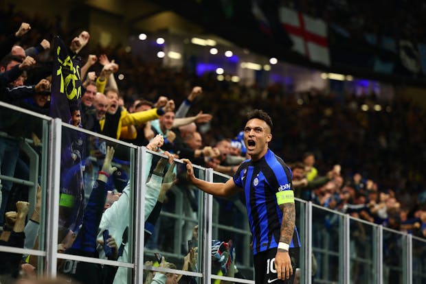 Lautaro Martinez of Inter after scoring opening goal during Uefa Champions League semi-final second leg v AC Milan (Photo by Chris Brunskill/Fantasista/Getty Images)