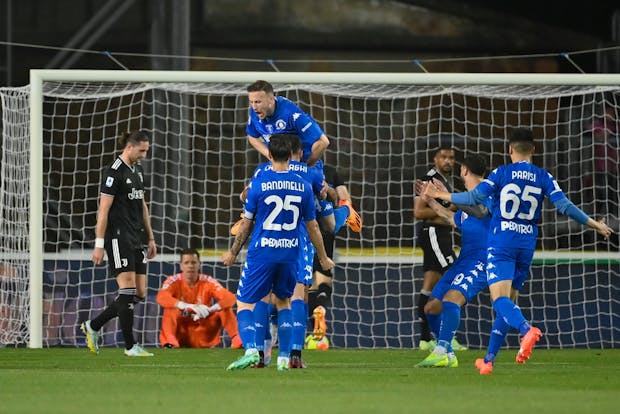 Sebastiano Luperto of Empoli celebrates a goal during the Serie A match against Juventus on May 22, 2023 (by Stefano Guidi/Getty Images)