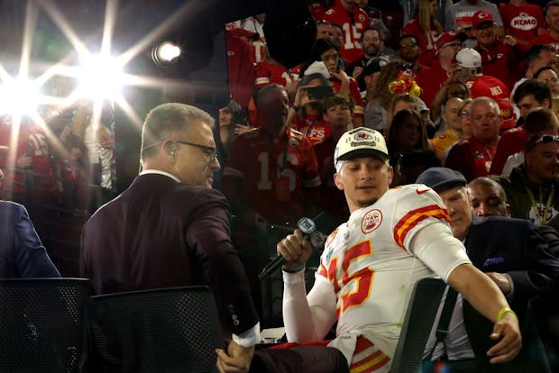 Super Bowl winning quarterback Patrick Mahomes being interviewed on Fox after the 2023 Super Bowl (Getty Images)