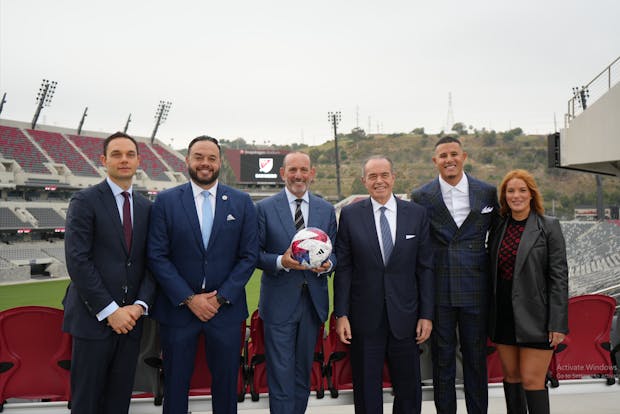 MLS commissioner Don Garber (with ball) along with MLS San Diego investors at Snapdragon Stadium (Credit: MLS)
