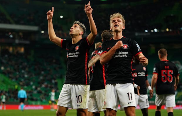 Emam Ashour of FC Midtjylland celebrates after scoring a goal. (Photo by Gualter Fatia/Getty Images)