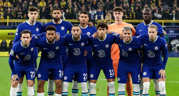 Chelsea line up with new recruits Enzo Fernandez and Mykhailo Mudryk before a Champions League game against Borussia Dortmund (Marcel ter Bals/BSR Agency/Getty)