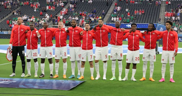 Canada players sing the Canadian national anthem before their game against Panama on June 15, 2023 (Photo by Ethan Miller/Getty Images)
