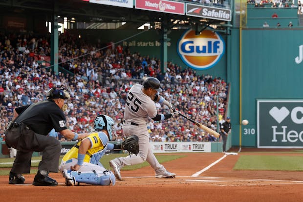 Gleyber Torres of the New York Yankees doubles against the Boston Red Sox during a doubleheader at Fenway Park on June 18. (Winslow Townson/Getty Images)