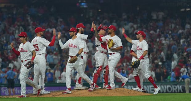 The Philadelphia Phillies celebrate their win against the Detroit Tigers at Citizens Bank Park (Photo by Mitchell Leff/Getty Images)