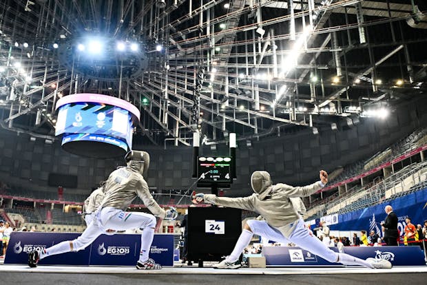 Hungary's Csanad Gemesi v Poland's Szymon Hryciuk in the men's fencing tournament at the European Games on June 25, 2023. (Photo by Sebastian Frej/MB Media/Getty Images)