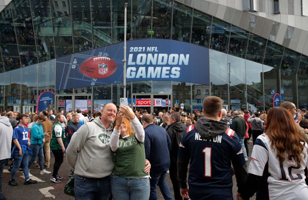 Fans arriving before NFL London 2021 match between New York Jets and Atlanta Falcons at Tottenham Hotspur Stadium in London (Photo by Tom Jenkins/Getty Images)