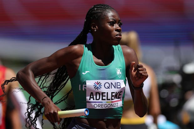 Rhasidat Adeleke of Ireland competes in 4x400m mixed relay during the 2022 World Athletics Championships in Eugene, Oregon (by Carmen Mandato/Getty Images)
