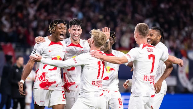 Hungary's Dominik Szoboszlai (second from left) in action for RB Leipzig (Marvin Ibo Guengoer - GES Sportfoto/Getty Images)