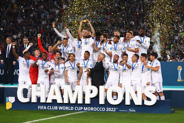 Karim Benzema of Real Madrid lifts the trophy following the Fifa Club World Cup final (Photo by Chris Brunskill/Fantasista/Getty Images)