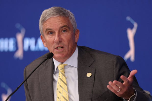 Jay Monahan, 
commissioner of the PGA Tour, speaks to the media (Photo by Richard Heathcote/Getty Images)
