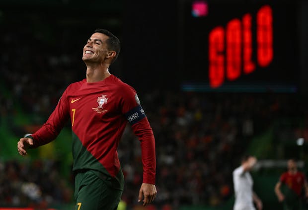 Cristiano Ronaldo of Portugal reacts during the Uefa Euro 2024 qualifying match against Liechtenstein on March 23, 2023 (by Zed Jameson/MB Media/Getty Images)
