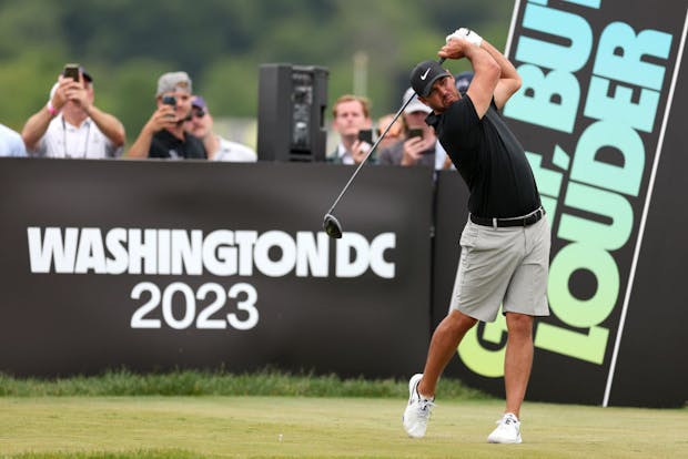 Brooks Koepka of Smash GC plays his tee shot on the fifth hole during day three of the LIV Golf Invitational - DC (Photo by Rob Carr/Getty Images)