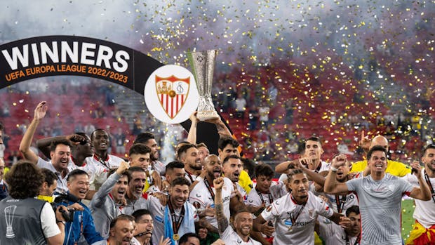 Sevilla FC celebrate with trophy after UEFA Europa League 2022-23 final against Roma in Budapest, Hungary. (Photo by Sebastian Frej/MB Media/Getty Images)