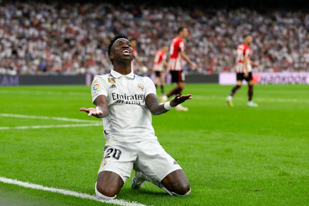 Vinicius Junior of Real Madrid reacts during the LaLiga match versus Athletic Club on June 4, 2023 (by Florencia Tan Jun/Getty Images)