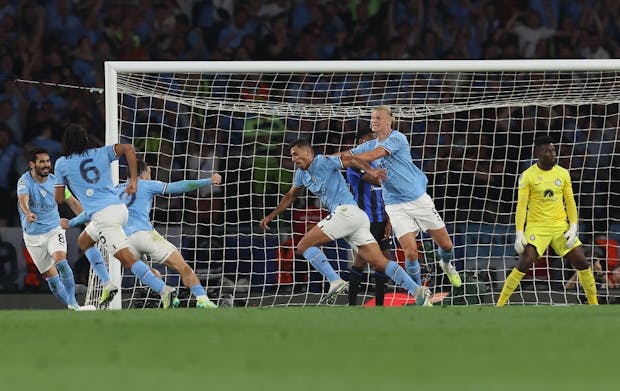 Rodri of Manchester City celebrates after he scores during the 2022-23 Uefa Champions League 2022-23 final (Photo by Ian MacNicol/Getty Images)