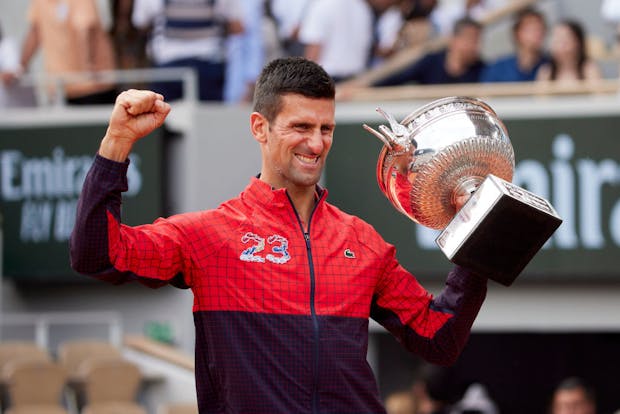 Novak Djokovic celebrates after victory against Casper Ruud in the men's singles final match at the 2023 French Open (by Quality Sport Images/Getty Images)