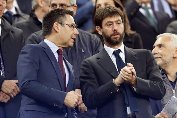 (L-R) president Josep Maria Bartomeu of FC Barcelona, Andrea Agnelli, former president of Juventus. (Photo by VI Images via Getty Images)