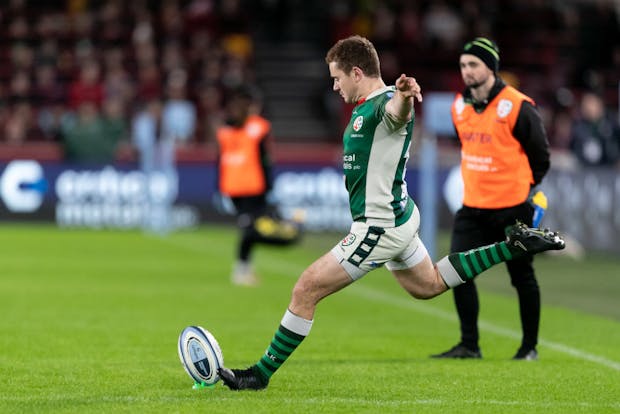 Paddy Jackson of London Irish kicks the ball during the Gallagher Premiership Rugby match v Saracens on December 23, 2022. (Photo by Gaspafotos/MB Media/Getty Images)
