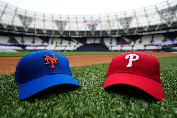 A view of a Philadelphia Phillies and New York Mets hat prior to the 2023 London Series Workout Day at London Stadium (Photo by Daniel Shirey/MLB Photos via Getty Images)