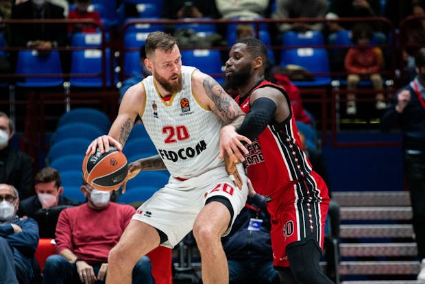 Donatas Motiejunas of AS Monaco and Ben Bentil of AX Armani Exchange Milan in action during the Turkish Airlines EuroLeague 2022 Regular Season. (Photo by Roberto Finizio/Getty Images)