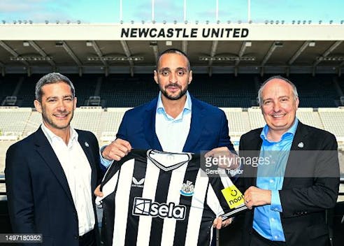 Newcastle United's chief commercial officer Peter Silverstone, Sela vice president of marketing, Ibrahim Mohtaseb and Newcastle United's CEO Darren Eales during a media call at St James' Park on June 09, 2023. (Photo by