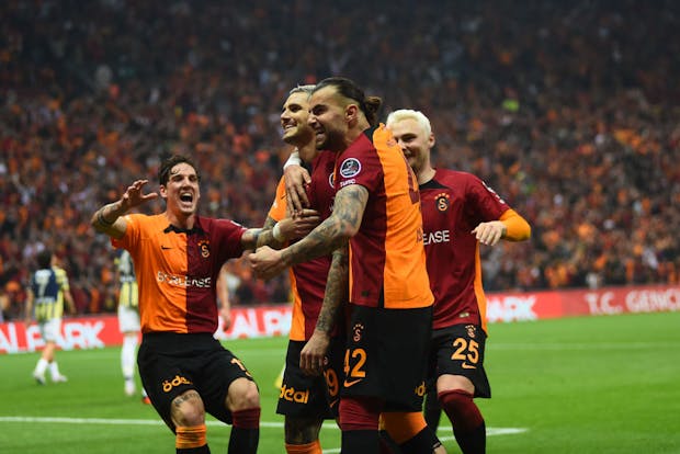 Turkish Super Lig champions Galatasaray celebrate in the match v Fenerbahce on June 4, 2023. (Photo by Seskim Photo/MB Media/Getty Images)