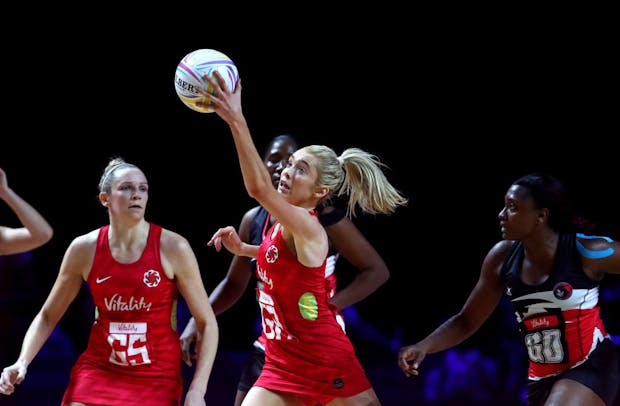 Helen Housby of England in action v Trinidad & Tobago in the 2019 Netball World Cup. (Photo by Chloe Knott - Danehouse/Getty Images)