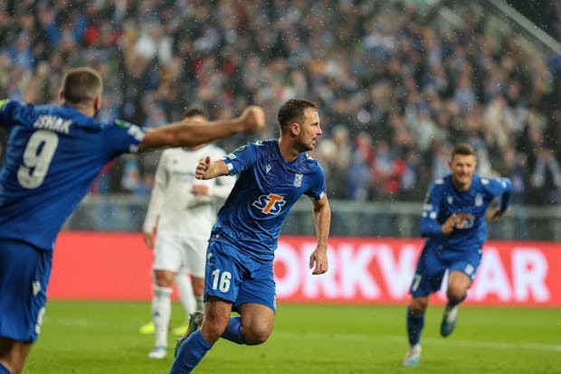 Antonio Milic of Lech Poznan celebrates scoring (Photo by Pawel Jaskolka/PressFocus/MB Media/Getty Images)