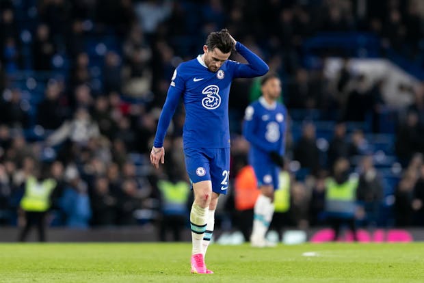 Ben Chilwell of Chelsea looks dejected after the final whistle following the Premier League match against Brentford (Photo by Gaspafotos/MB Media/Getty Images)