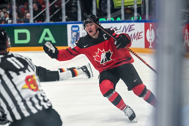 Tyler Toffoli of Canada celebrates scoring the 2023 IIHF World Championship. (Photo by Andrea Branca/Eurasia Sport Images/Getty Images)