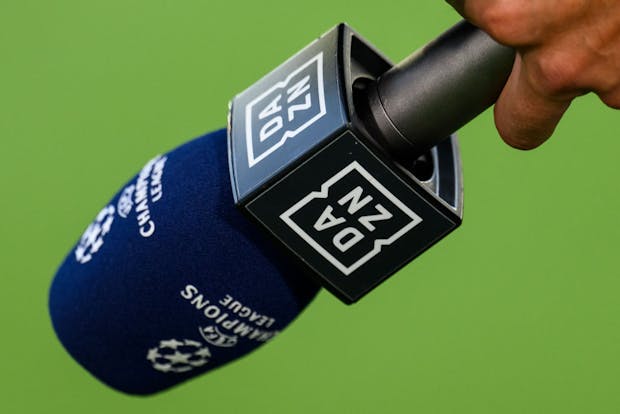 A microphone from DAZN during the Uefa Champions League match between Eintracht Frankfurt and Sporting CP (Photo by Markus Gilliar - GES Sportfoto/Getty Images)