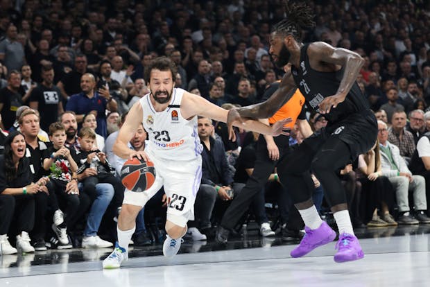 Sergio Llull of Real Madrid drives to the basket during the 2022-2023 EuroLeague Play Offs (Photo by Nikola Krstic/MB Media/Getty Images)