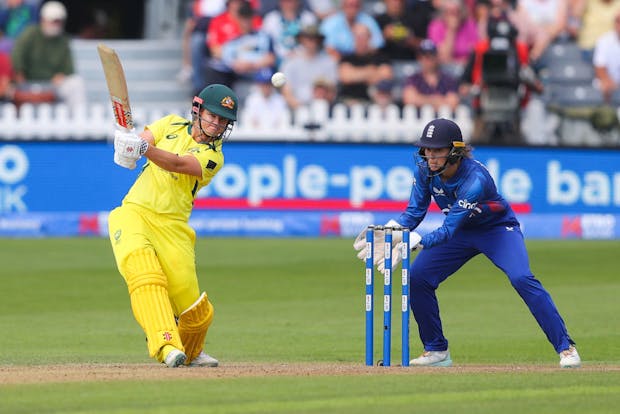 Jess Jonassen of Australia strikes the ball during the Women's Ashes 1st ODI match between England and Australia (Photo by James Gill - Danehouse/Getty Images)