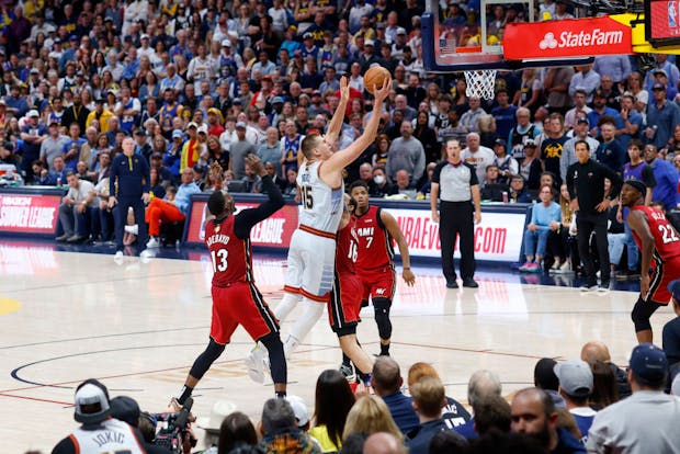 Nikola Jokic #15 of the Denver Nuggets shoots during Game Five of 2023 NBA Finals at Ball Arena on June 12, 2023 (Photo by Justin Edmonds/Getty Images)