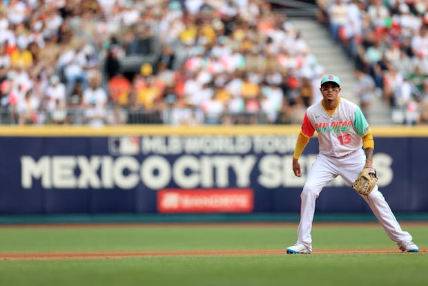 Manny Machado of the San Diego Padres lines up against the San Francisco Giants at Alfredo Harp Helú Stadium in Mexico City, Mexico. (Sean M. Haffey/Getty Images)