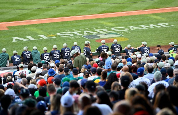 A view of the National League players in the dugout during the 93rd MLB All-Star Game at T-Mobile Park, Seattle, Washington. (Alika Jenner/Getty Images)